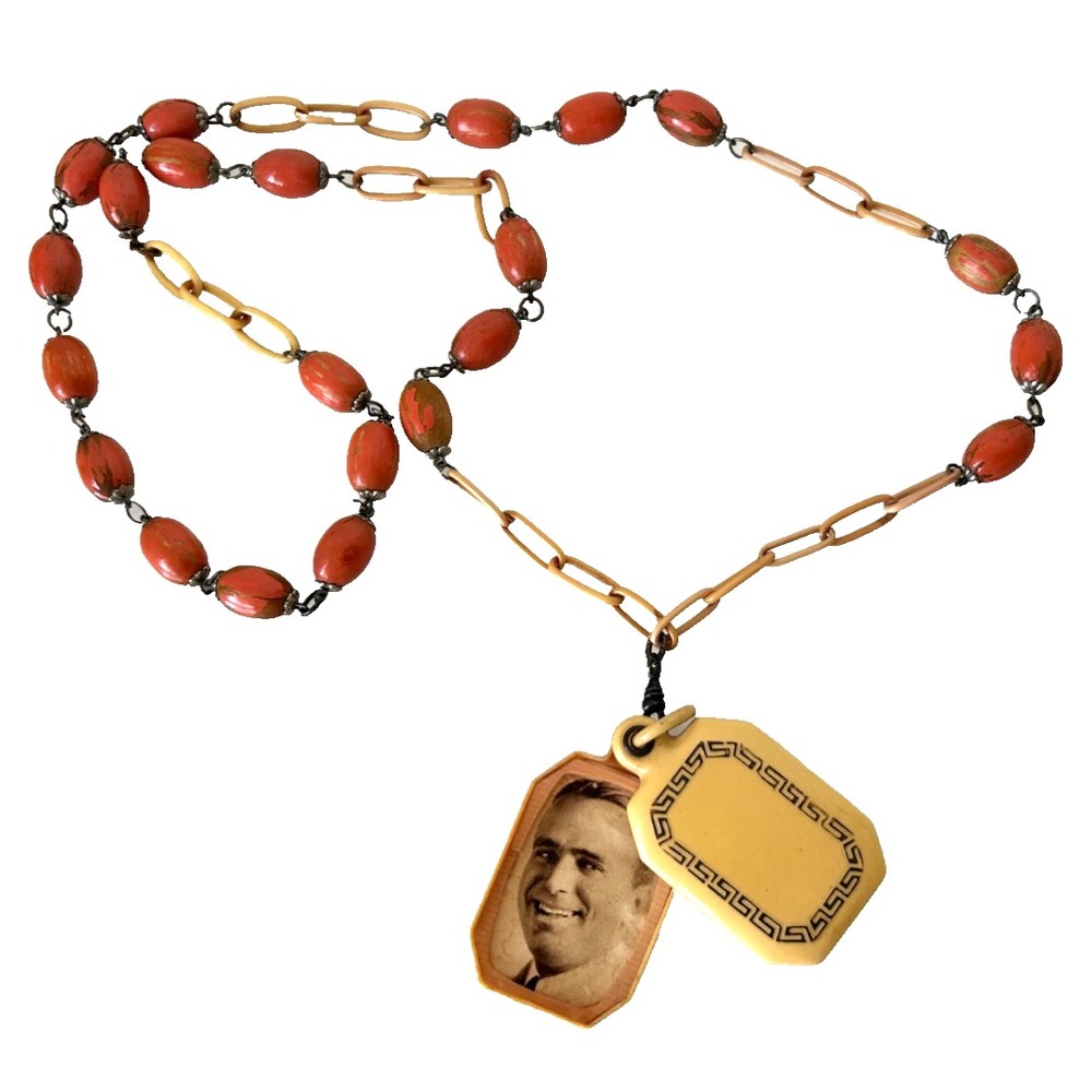 VTG 1930s Art Deco Celluloid Greek Key Photo Locket Necklace Paint Wood Beads